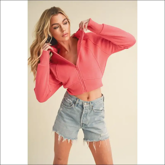 Aemi + co Stylish Zip Up Cropped Hoodie - Strawberry / s - Hoodies Sweatshirts & on Sale Worldwide Shipping