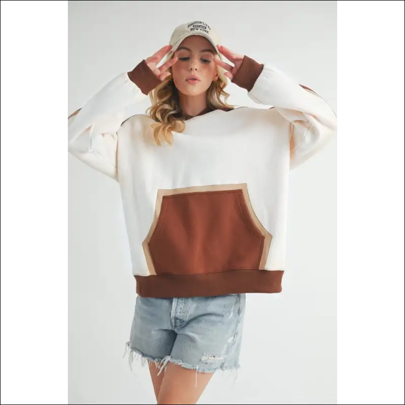 Aemi + co Trendy Color Block Kangaroo Pocket Hoodie - Oatmeal / s - Hoodies Sweatshirts & on Sale Worldwide Shipping