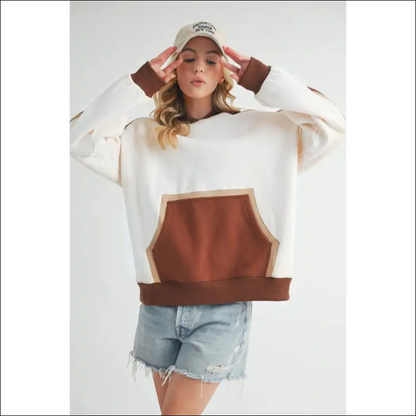 Aemi + co Trendy Color Block Kangaroo Pocket Hoodie - Oatmeal / s - Hoodies Sweatshirts & on Sale Worldwide Shipping