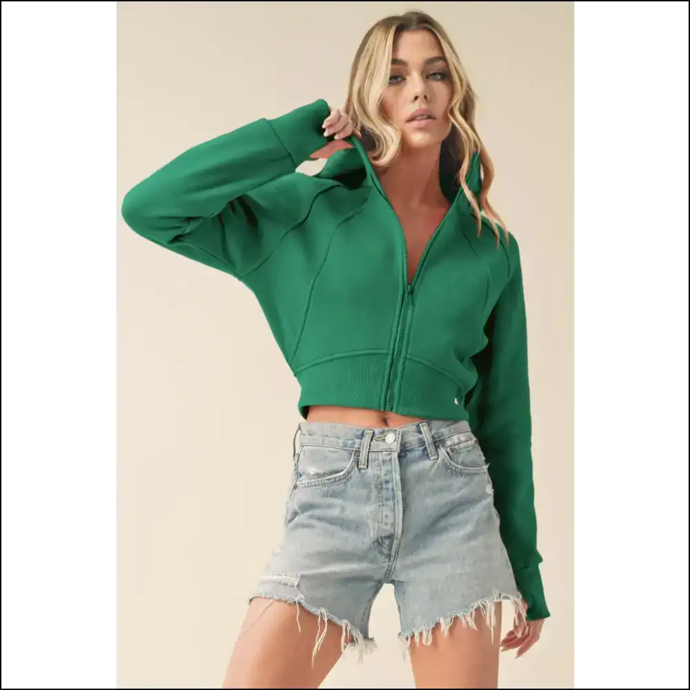 Aemi + co Zip Up Raglan Sleeve Cropped Hoodie - Green / s - Hoodies Sweatshirts & on Sale Worldwide Shipping