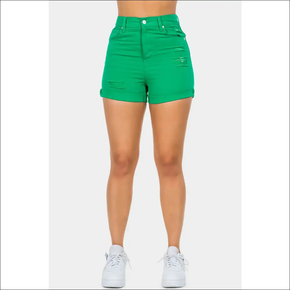 American Bazi High Waist Distressed Denim Shorts - Green / l - on Sale Worldwide Shipping