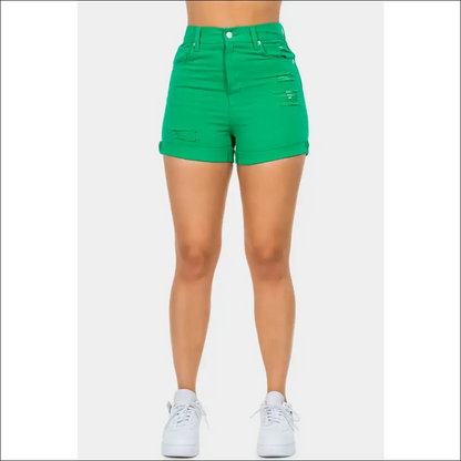 American Bazi High Waist Distressed Denim Shorts - Green / l - on Sale Worldwide Shipping