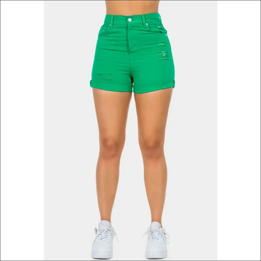 American Bazi High Waist Distressed Denim Shorts - Green / l - on Sale Worldwide Shipping