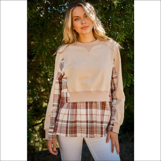 And the why Double Layered Plaid Contrast Sweatshirt - Simply Taupe / s - Sweatshirts & Hoodies on Sale Worldwide Shipping