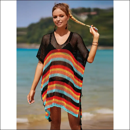Angel Wings Cutout Striped Cover-up with Tassel - Black / one Size - Cover-ups Swimwear on Sale Worldwide Shipping