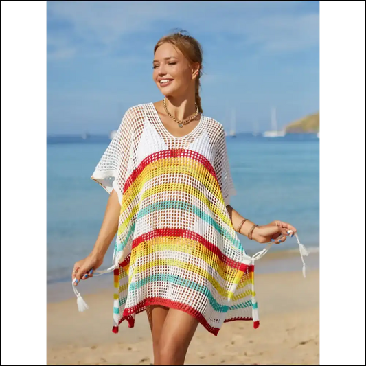 Angel Wings Cutout Striped Cover-up with Tassel - Gold / one Size - Cover-ups Swimwear on Sale Worldwide Shipping
