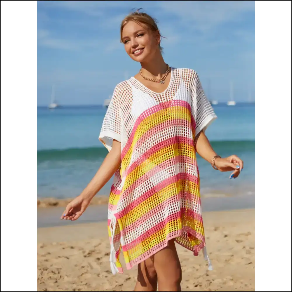Angel Wings Cutout Striped Cover-up with Tassel - Pink / one Size - Cover-ups Swimwear on Sale Worldwide Shipping