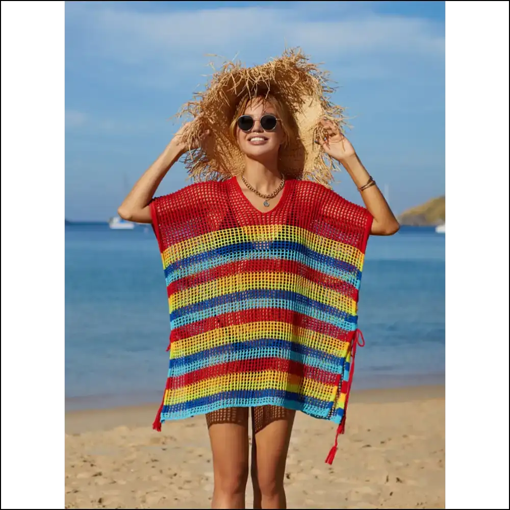 Angel Wings Cutout Striped Cover-up with Tassel - Red / one Size - Cover-ups Swimwear on Sale Worldwide Shipping