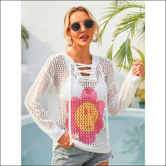 Angel Wings Floral Lace-up Hooded Cover-up - White / s - Cover-ups Swimwear on Sale Worldwide Shipping