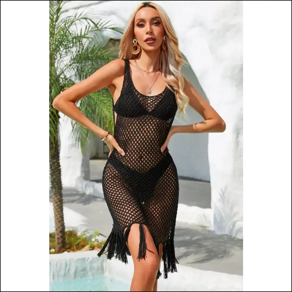 Angel Wings Fringe Hem Openwork Cover-up Dress - Black / l - Cover-ups Swimwear on Sale Worldwide Shipping