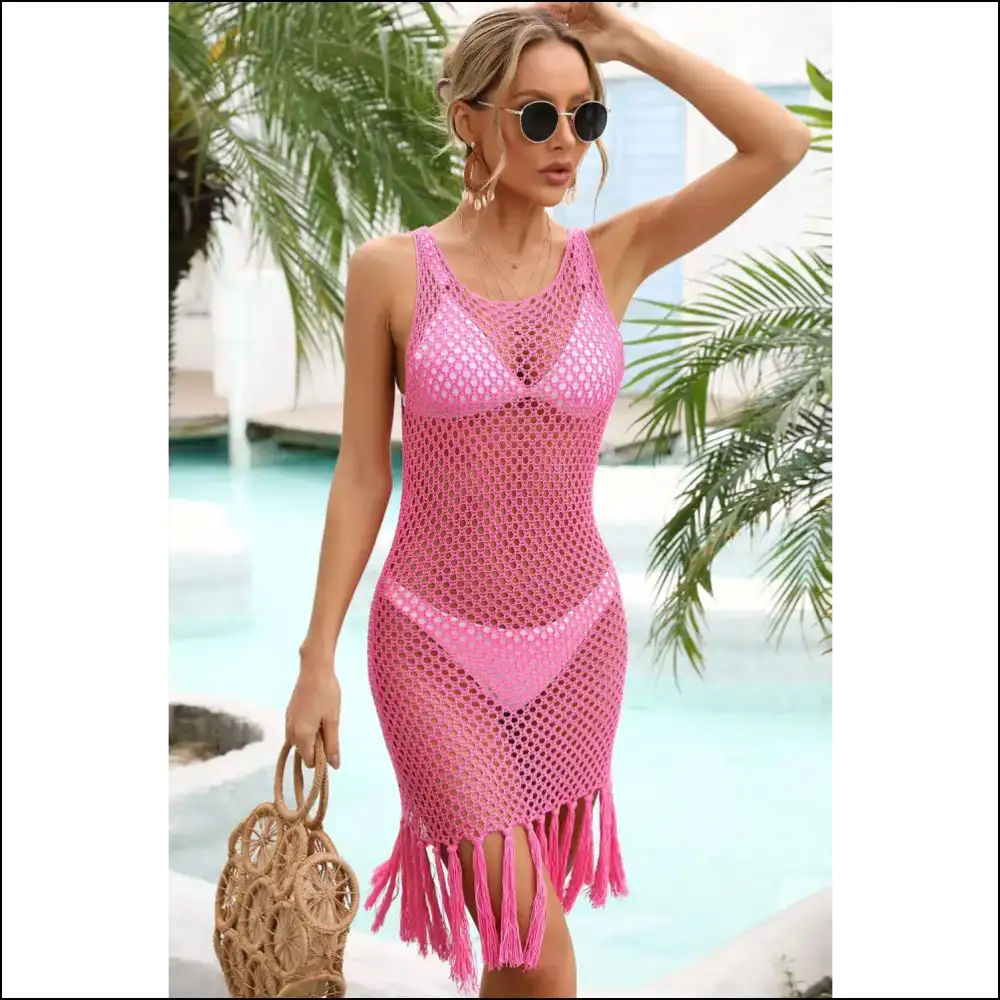 Angel Wings Fringe Hem Openwork Cover-up Dress - Hot Pink / l - Cover-ups Swimwear on Sale Worldwide Shipping