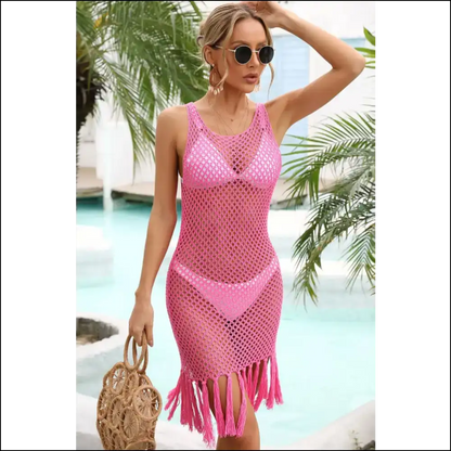 Angel Wings Fringe Hem Openwork Cover-up Dress - Hot Pink / l - Cover-ups Swimwear on Sale Worldwide Shipping