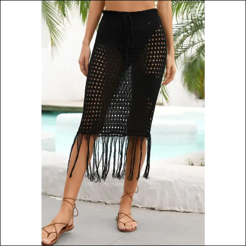 Angel Wings Fringe Hem Skirt with Drawstring Waist - Black / l - Cover-ups Swimwear on Sale Worldwide Shipping