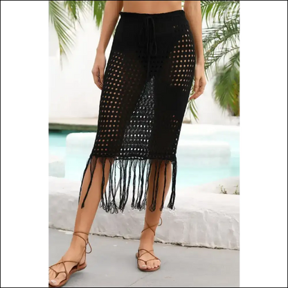 Angel Wings Fringe Hem Skirt with Drawstring Waist - Black / l - Cover-ups Swimwear on Sale Worldwide Shipping