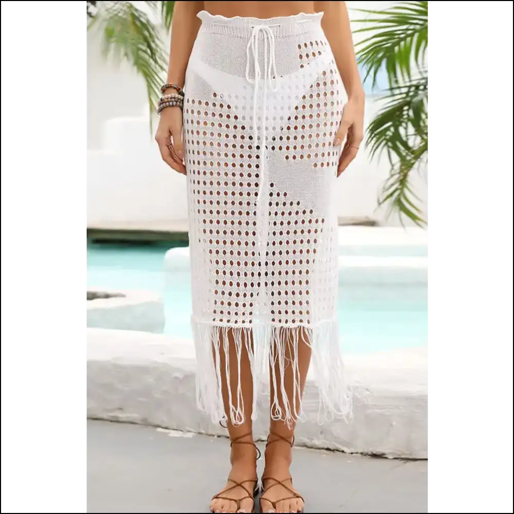 Angel Wings Fringe Hem Skirt with Drawstring Waist - White / Xl - Cover-ups Swimwear on Sale Worldwide Shipping