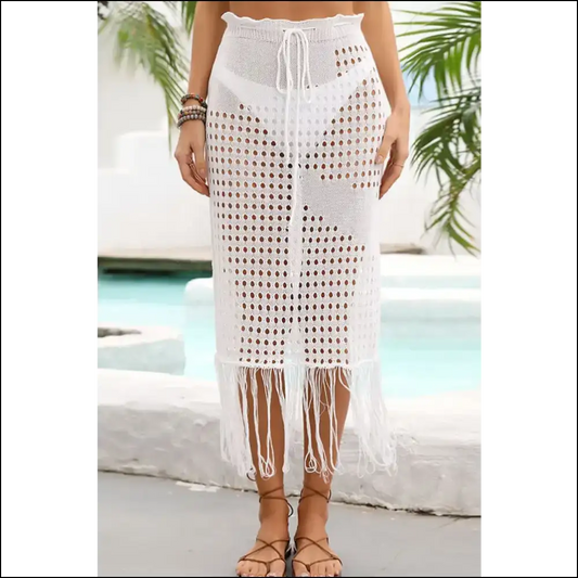 Angel Wings Fringe Hem Skirt with Drawstring Waist - White / Xl - Cover-ups Swimwear on Sale Worldwide Shipping
