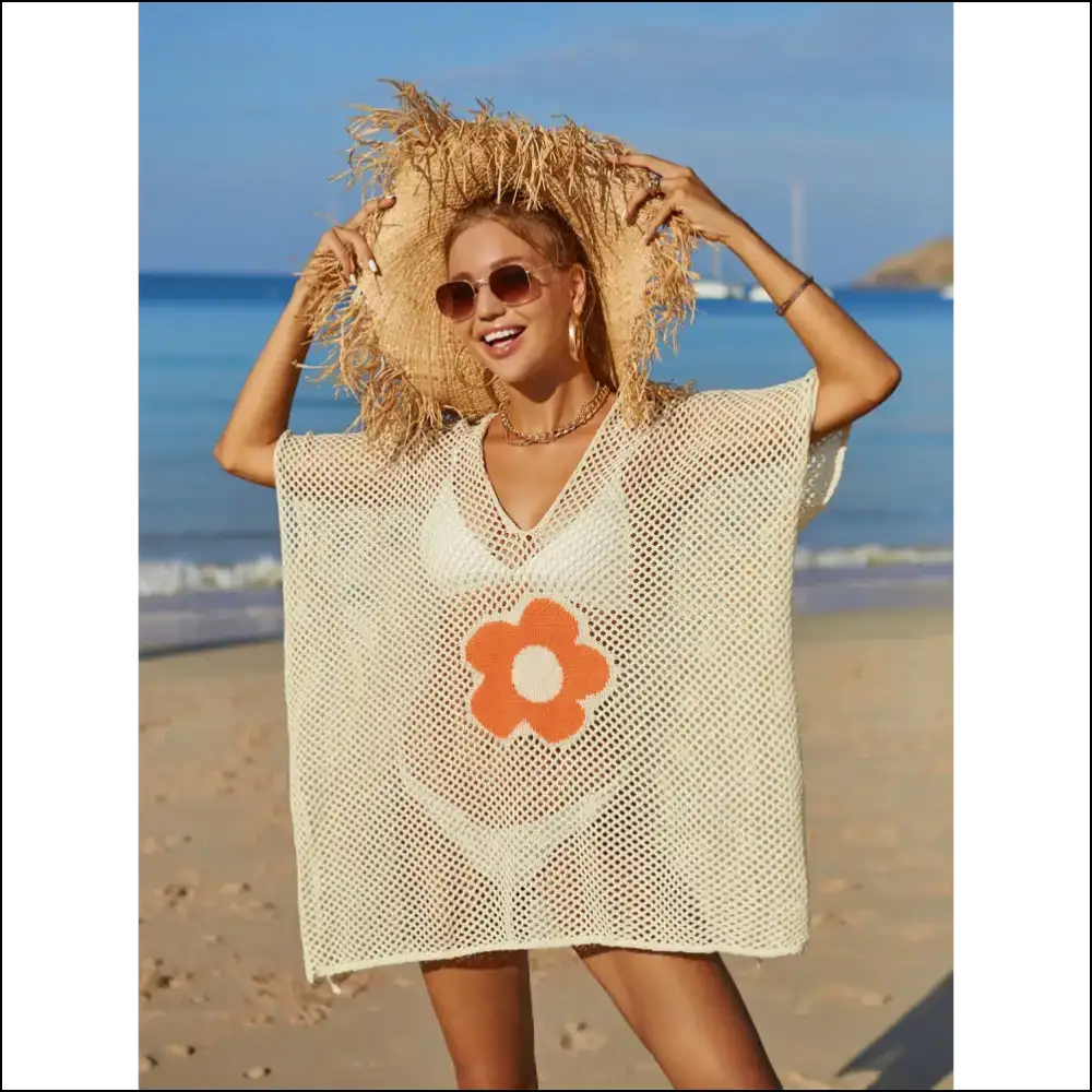 Angel Wings Openwork Flower V-neck Cover Up - Cream / one Size - Cover-ups Swimwear on Sale Worldwide Shipping