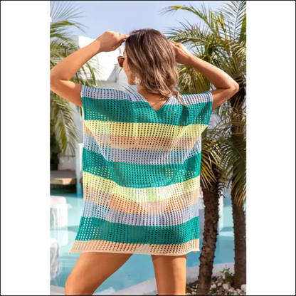 Angel Wings Openwork Striped V-neck Cover Up - Cover-ups Swimwear on Sale Worldwide Shipping