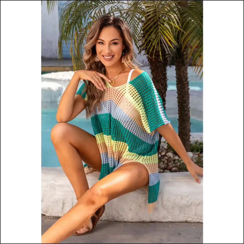 Angel Wings Openwork Striped V-neck Cover Up - Cover-ups Swimwear on Sale Worldwide Shipping