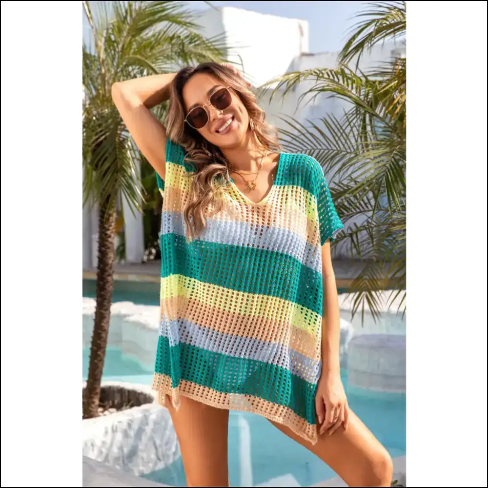Angel Wings Openwork Striped V-neck Cover Up - Cover-ups Swimwear on Sale Worldwide Shipping