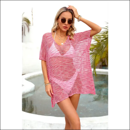 Angel Wings Openwork V-neck Half Sleeve Cover Up - Hot Pink / one Size - Cover-ups Swimwear on Sale Worldwide Shipping