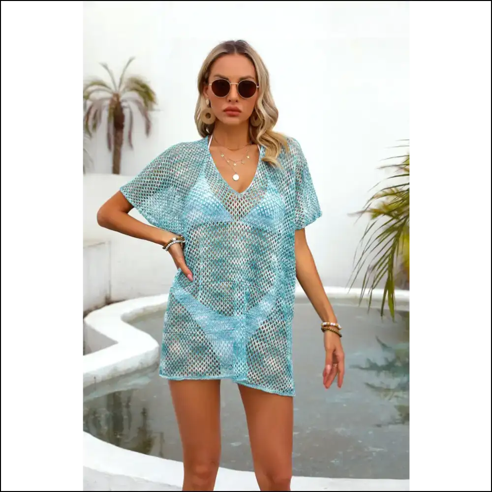 Angel Wings Openwork V-neck Half Sleeve Cover Up - Teal / one Size - Cover-ups Swimwear on Sale Worldwide Shipping