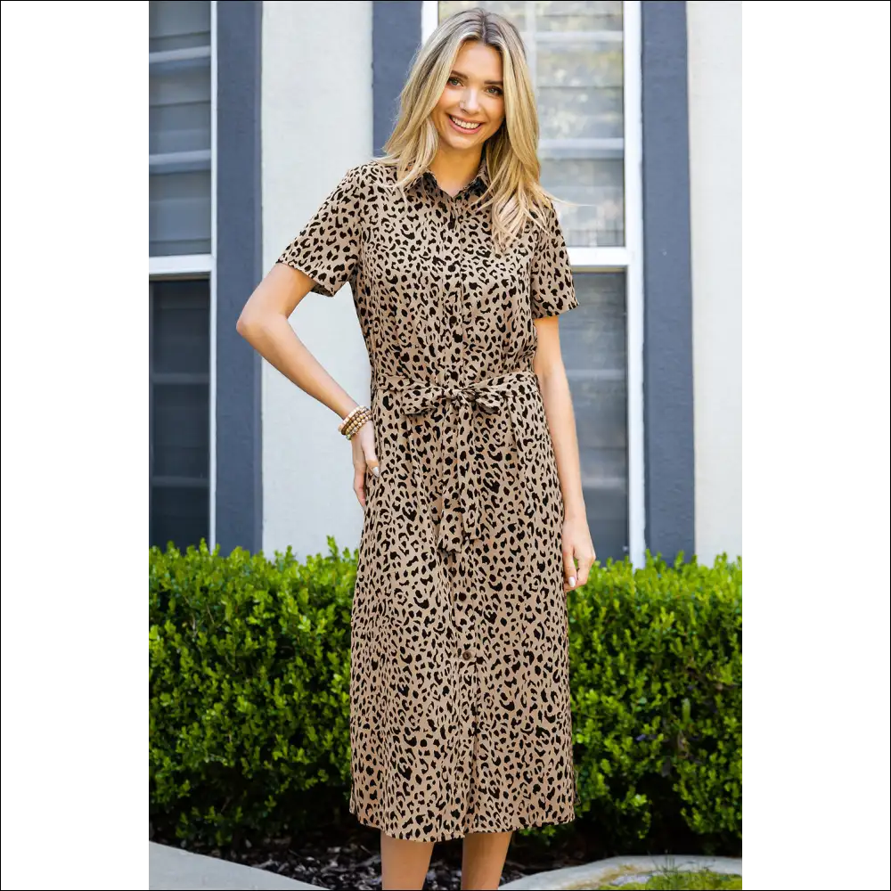 Chic Leopard Print Belted Midi Dress - Dresses on Sale Worldwide Shipping