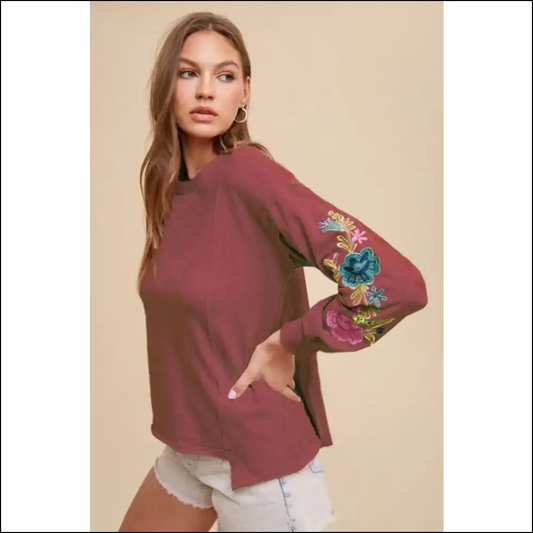Annie Wear Embroidered Long Sleeve French Terry Top - Burgundy / s - Sweatshirts & Hoodies on Sale Worldwide Shipping