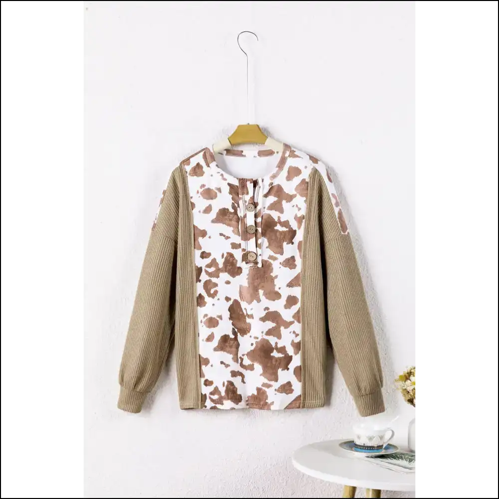 Apricot Animal Print Knitted Sleeve Top: Fashion that Roars (purr-fectly)! - Long Tops Shirts & on Sale Worldwide Shipping