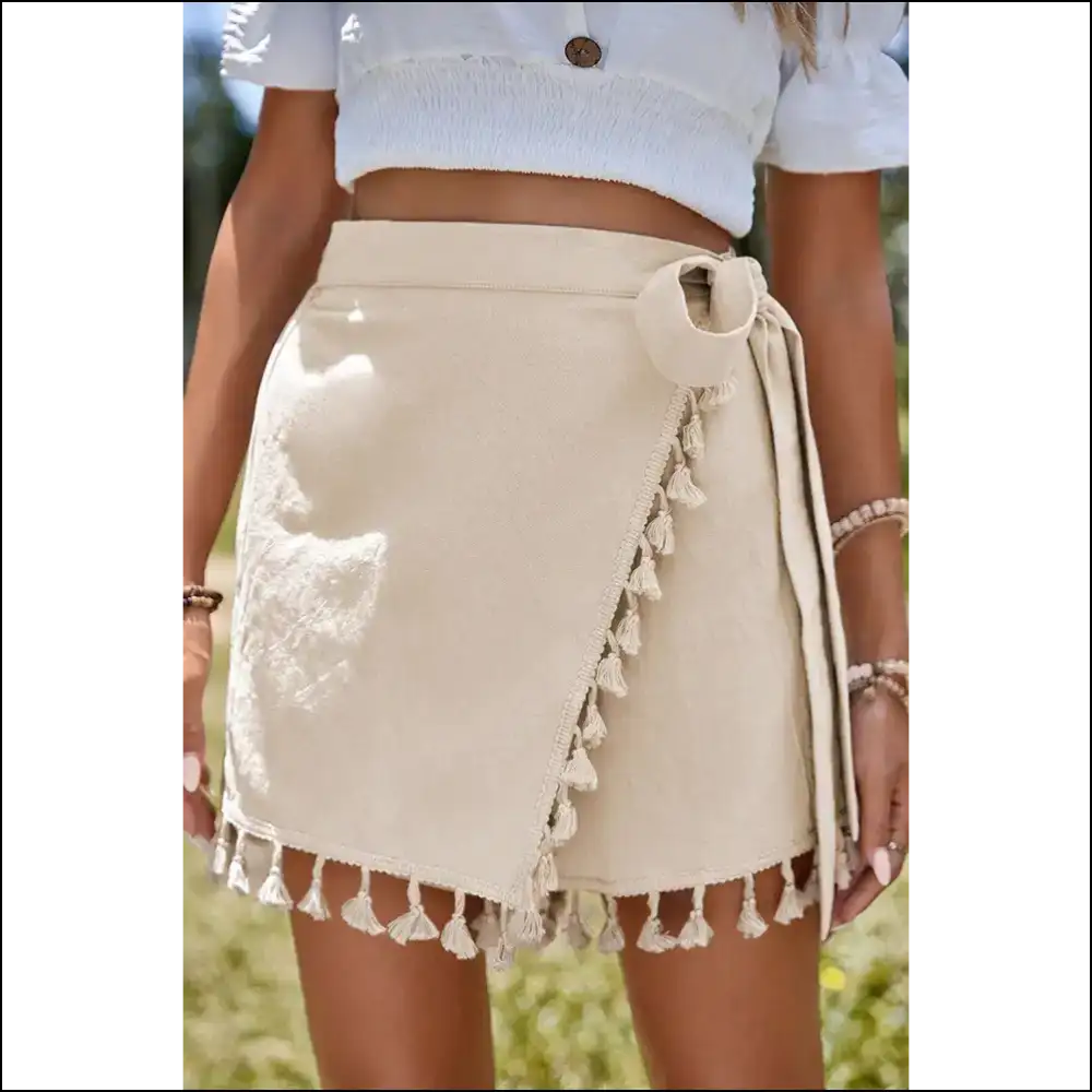 Apricot Boho Mini Skort: Tassel-tastic! 🍑✨ Needful Things - s - Shorts on Sale Worldwide Shipping