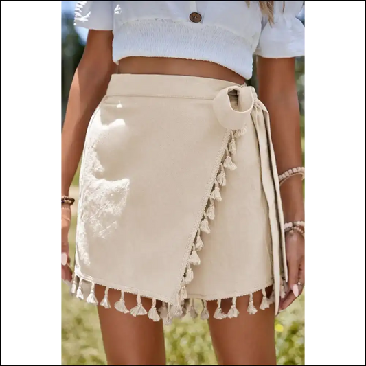 Apricot Boho Mini Skort: Tassel-tastic! 🍑✨ Needful Things - s - Shorts on Sale Worldwide Shipping