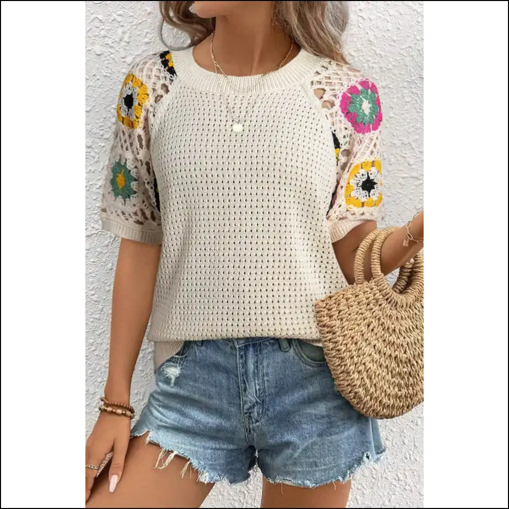 Apricot Floral Crochet: Grandma Chic...but Make it 😈 - s - Short Sleeve Sweater Sweaters on Sale Worldwide Shipping