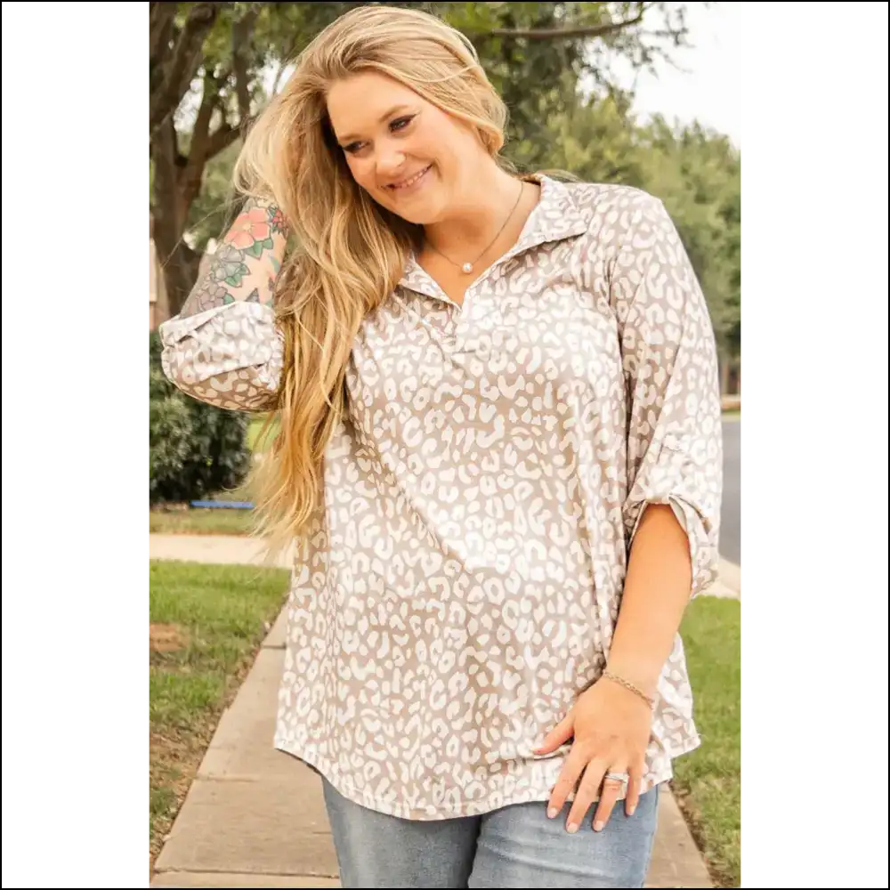 Apricot Leopard Tab Sleeve: Roar Into Needful Things! 🐆 - Plus Size Tops on Sale Worldwide Shipping