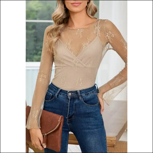 Apricot Mesh Crochet Blouse Unleash your Inner Goddess - s - Blouses on Sale Worldwide Shipping