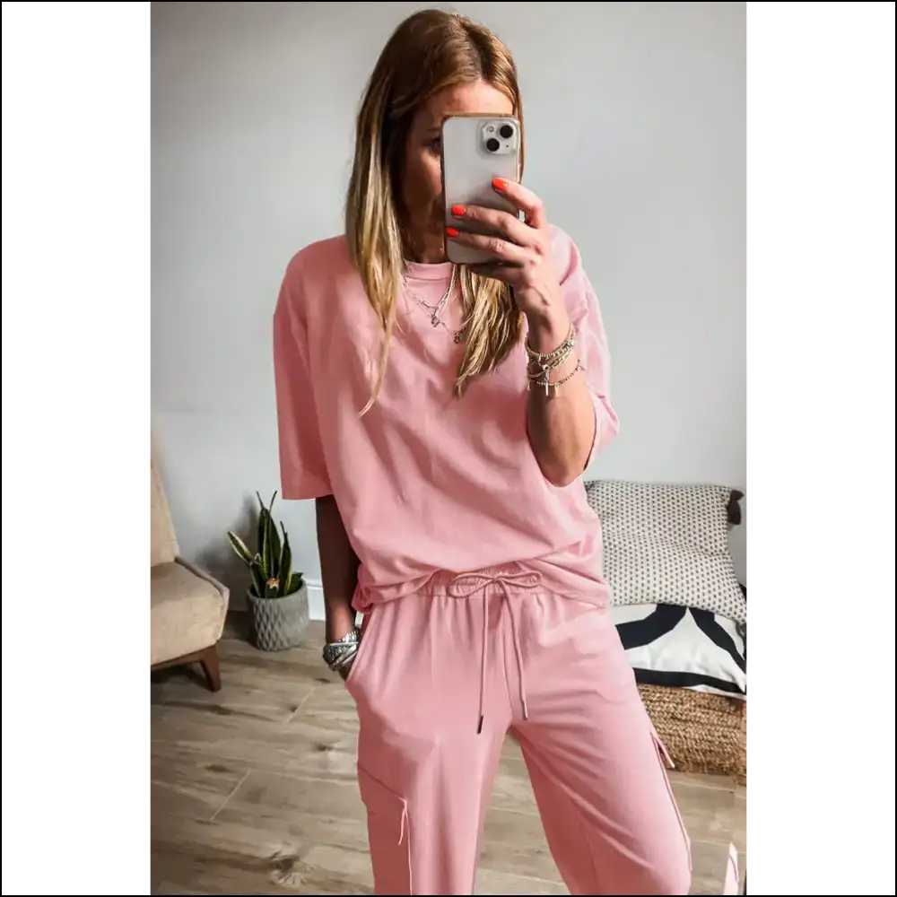 Apricot Pink Half Sleeve Cargo Sweatpants: so Comfy It’s Criminal! Needful Things 🍑 - Two Piece Pants Sets on Sale Worldwide Shipping