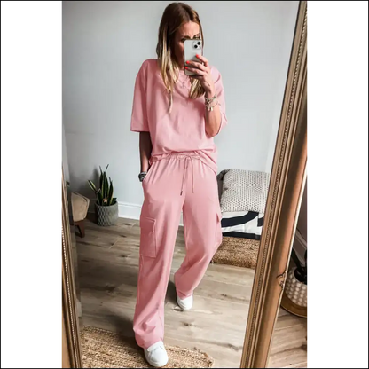 Apricot Pink Half Sleeve Cargo Sweatpants: so Comfy It’s Criminal! Needful Things 🍑 - Two Piece Pants Sets on Sale Worldwide Shipping