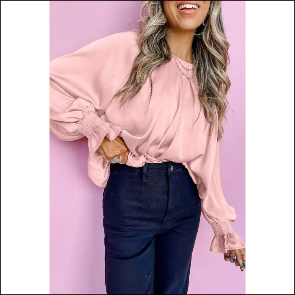 Apricot Pink Satin Blouse: Pleated Perfection or Purgatory? 🍑 Needful Things - Long Sleeve Tops Shirts & on Sale Worldwide Shipping