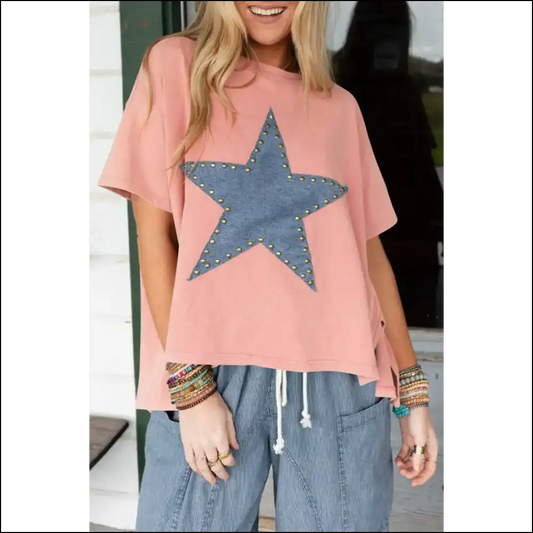 Apricot Pink Star Patch High Low Tee: from Zero to Stargazing Hero ✨ Needful Things - Dusty / s - t Shirts on Sale Worldwide Shipping