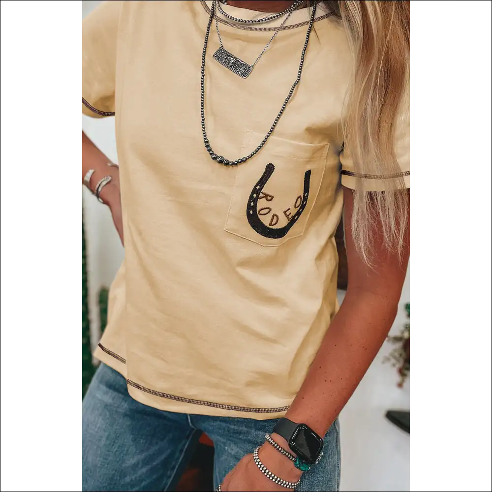 Apricot Rodeo Horseshoe Embroidered Patch Pocket Tee - t Shirts on Sale Worldwide Shipping