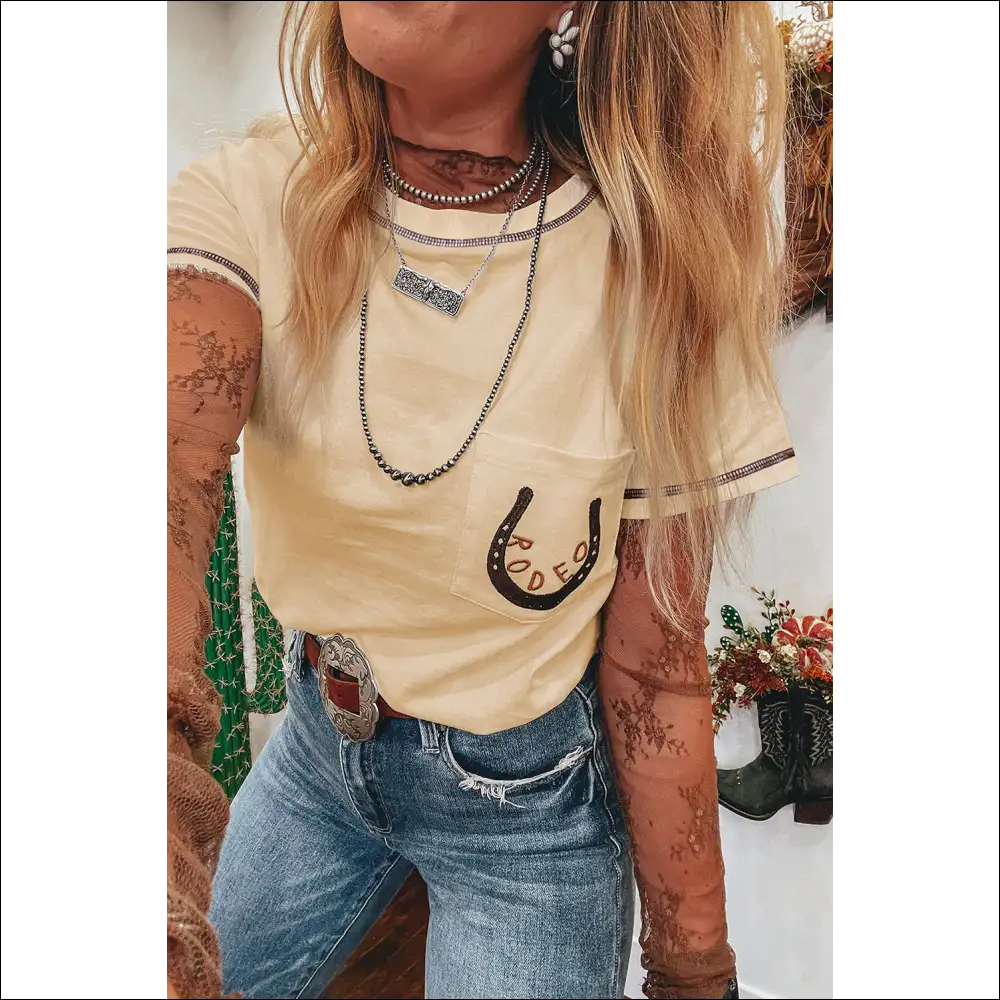 Apricot Rodeo Horseshoe Embroidered Patch Pocket Tee - t Shirts on Sale Worldwide Shipping