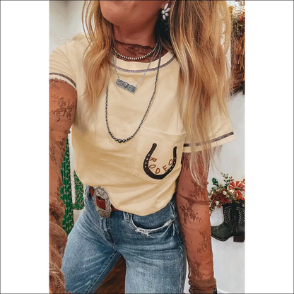 Apricot Rodeo Horseshoe Embroidered Patch Pocket Tee - t Shirts on Sale Worldwide Shipping