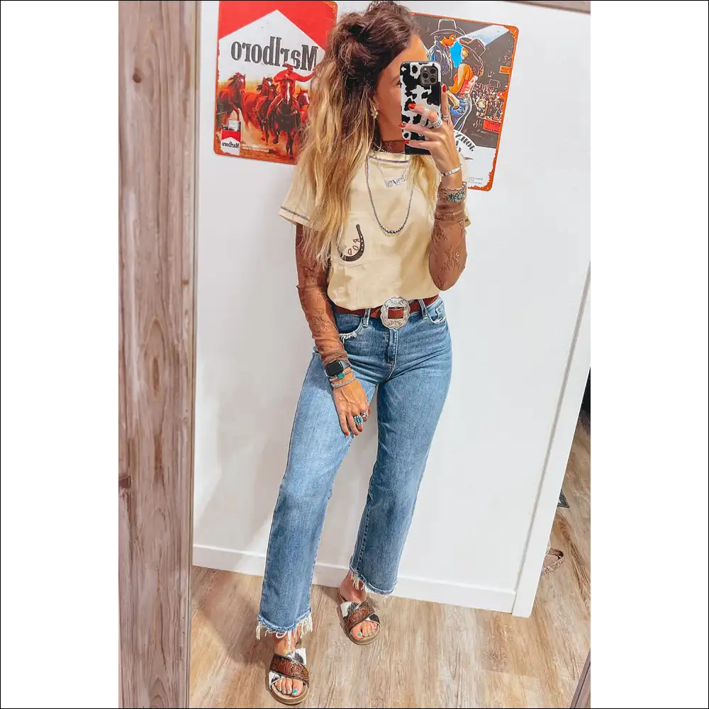 Apricot Rodeo Horseshoe Embroidered Patch Pocket Tee - t Shirts on Sale Worldwide Shipping