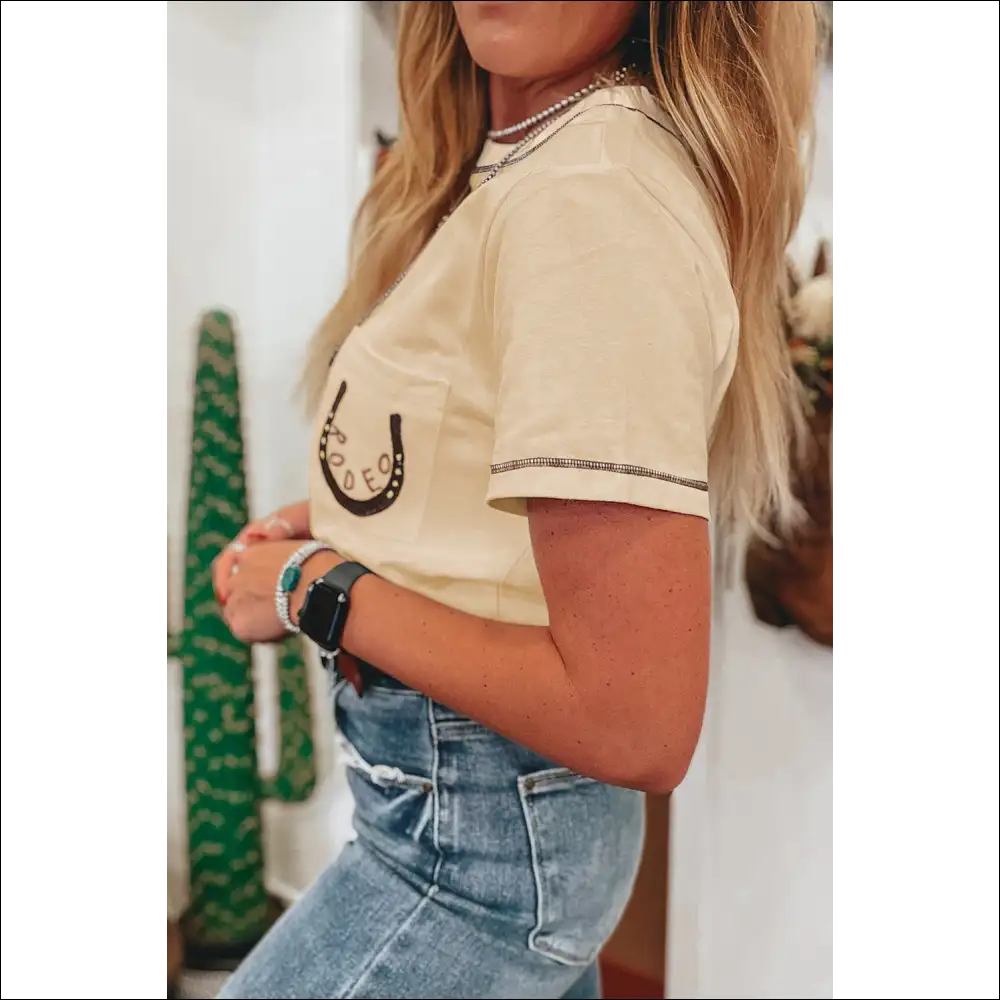 Apricot Rodeo Horseshoe Embroidered Patch Pocket Tee - t Shirts on Sale Worldwide Shipping