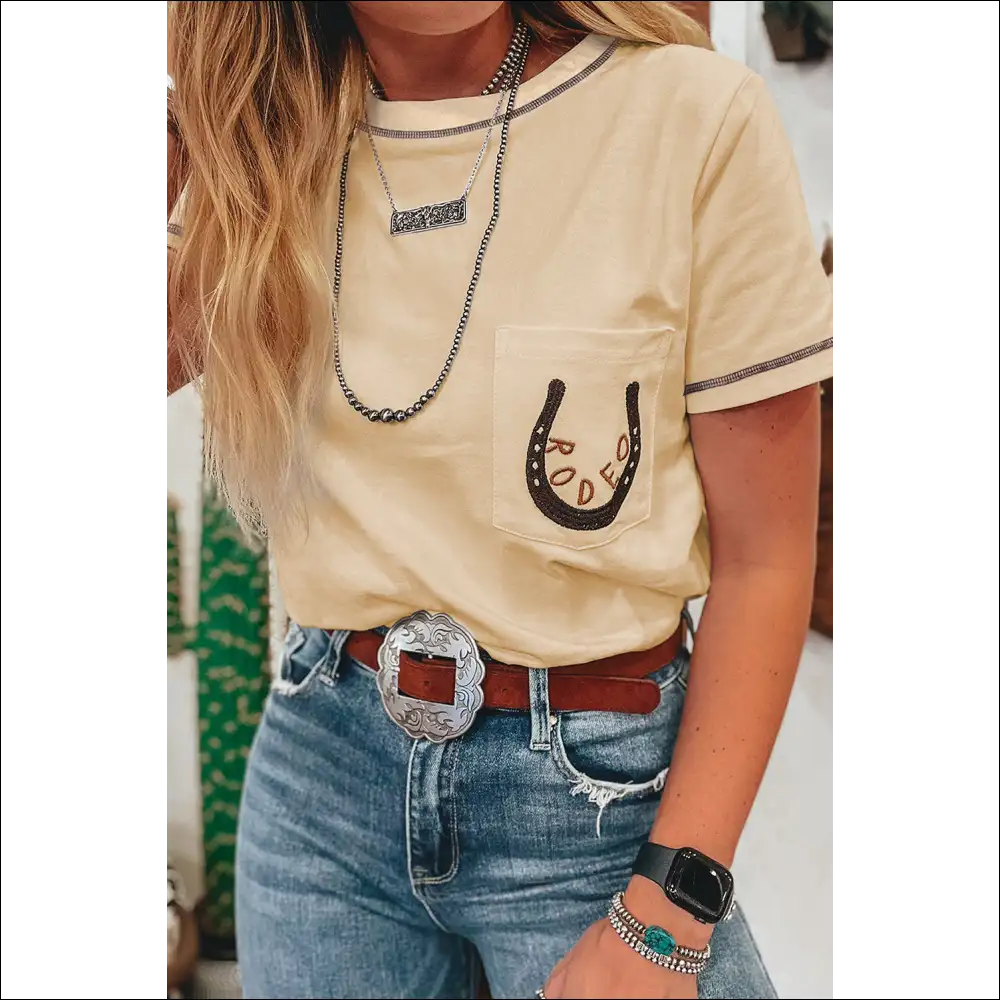 Apricot Rodeo Horseshoe Embroidered Patch Pocket Tee - s - t Shirts on Sale Worldwide Shipping