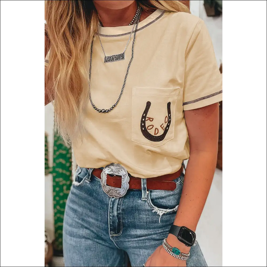 Apricot Rodeo Horseshoe Embroidered Patch Pocket Tee - s - t Shirts on Sale Worldwide Shipping
