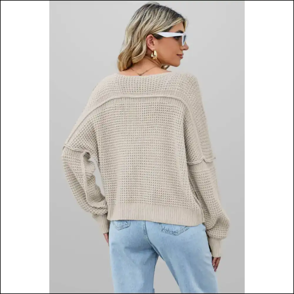 Apricot Wfle Knit v Neck Sweater: Hug Deathly Cozy! 💀 Needful Things - Sweaters on Sale Worldwide Shipping