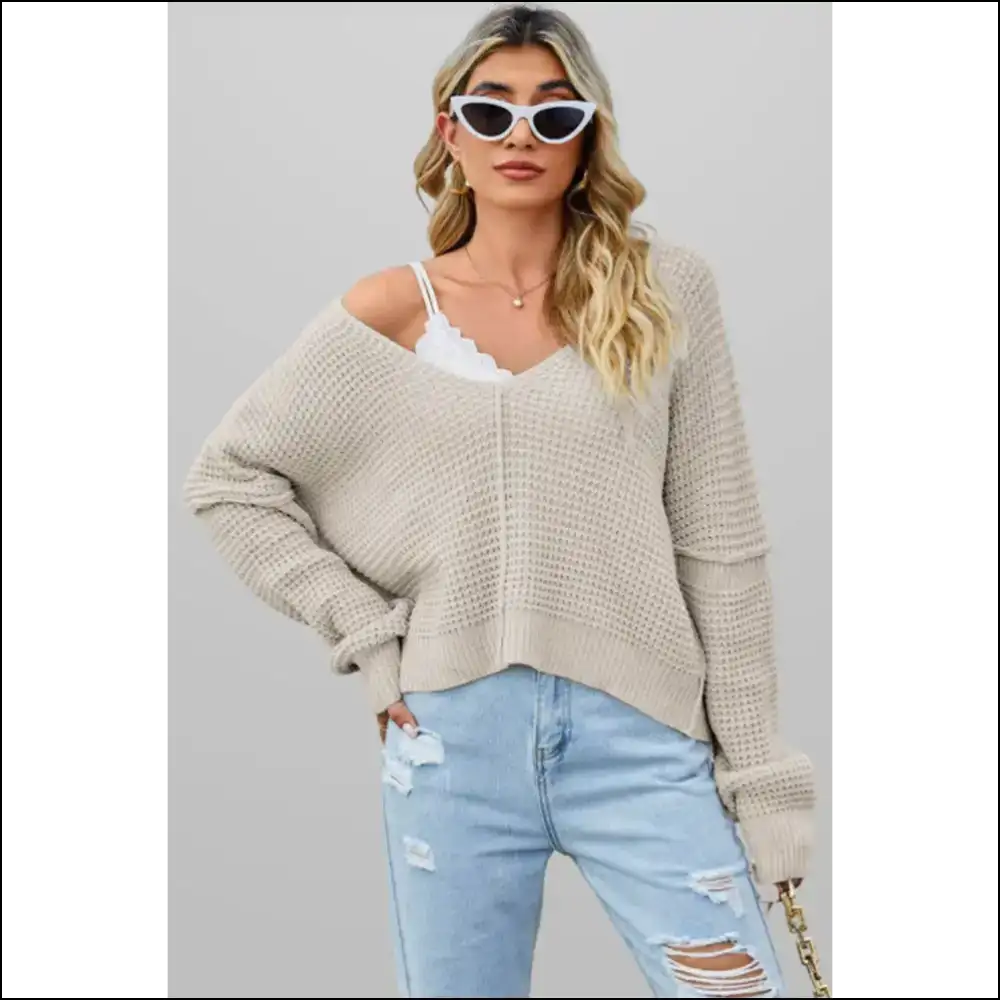 Apricot Wfle Knit v Neck Sweater: Hug Deathly Cozy! 💀 Needful Things - Sweaters on Sale Worldwide Shipping