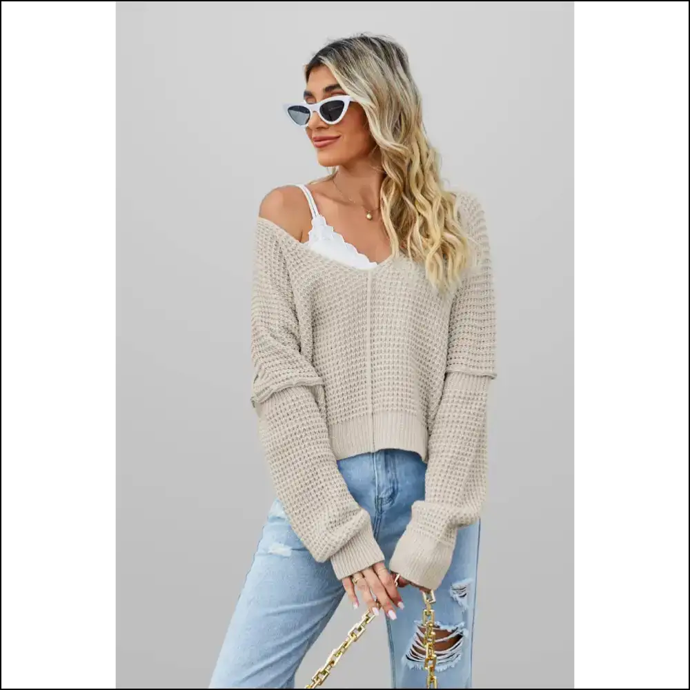 Apricot Wfle Knit v Neck Sweater: Hug Deathly Cozy! 💀 Needful Things - Sweaters on Sale Worldwide Shipping