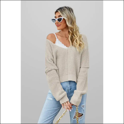Apricot Wfle Knit v Neck Sweater: Hug Deathly Cozy! 💀 Needful Things - Sweaters on Sale Worldwide Shipping