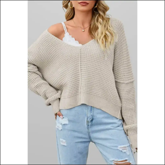 Apricot Wfle Knit v Neck Sweater: Hug Deathly Cozy! 💀 Needful Things - s - Sweaters on Sale Worldwide Shipping